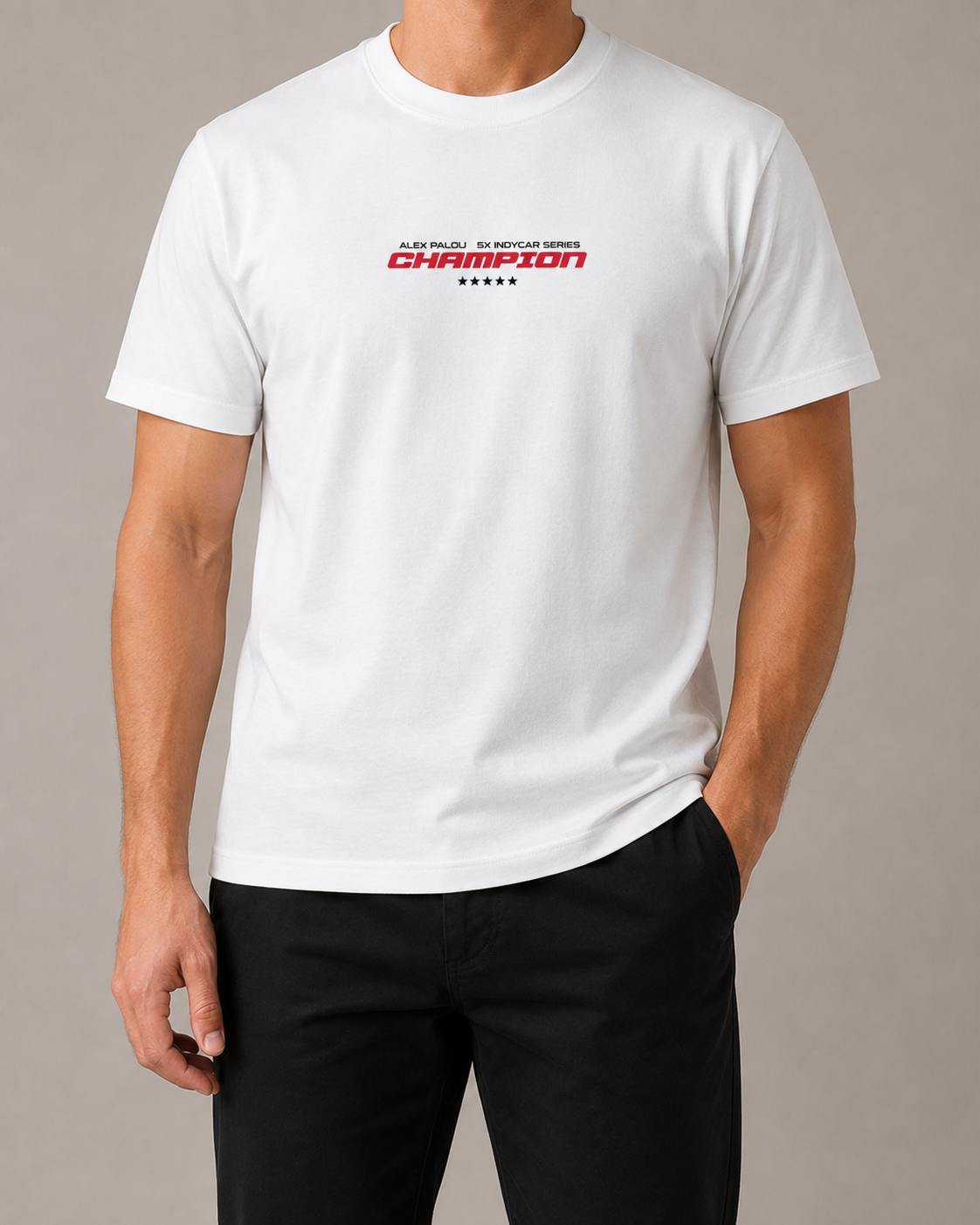 Adult Champion Tee front, studio photograph with face cropped out — mockup