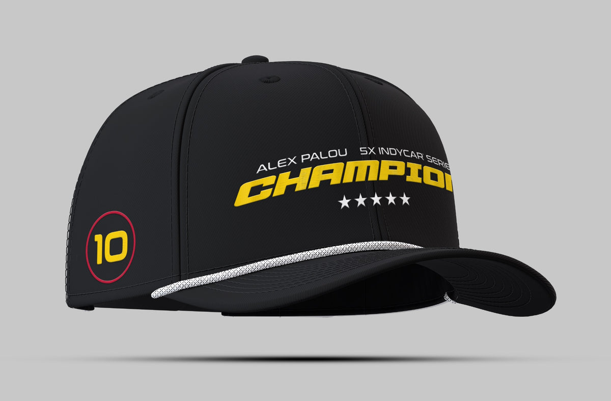 Alex Palou 5X Champion black cap, five stars and No. 10 side graphic