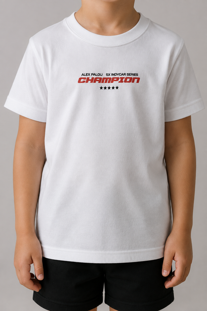 KIDS Champion Tee on a child, front print detail — studio mockup